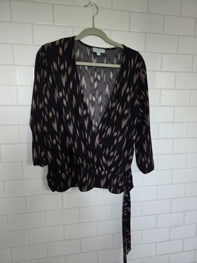 Veronica M Black and Beige Patterned Wrap Blouse